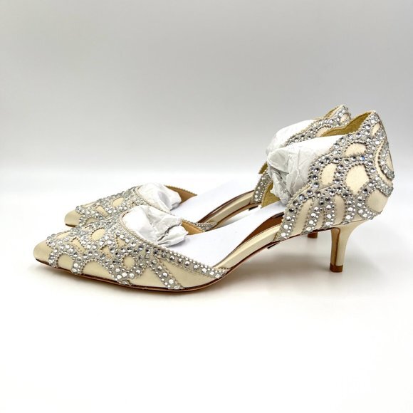 Badgley Mischka Size 6 Ginny Jeweled Ivory Satin D'Orsay Low‎ Heels Pumps Shoes - Picture 6 of 13
